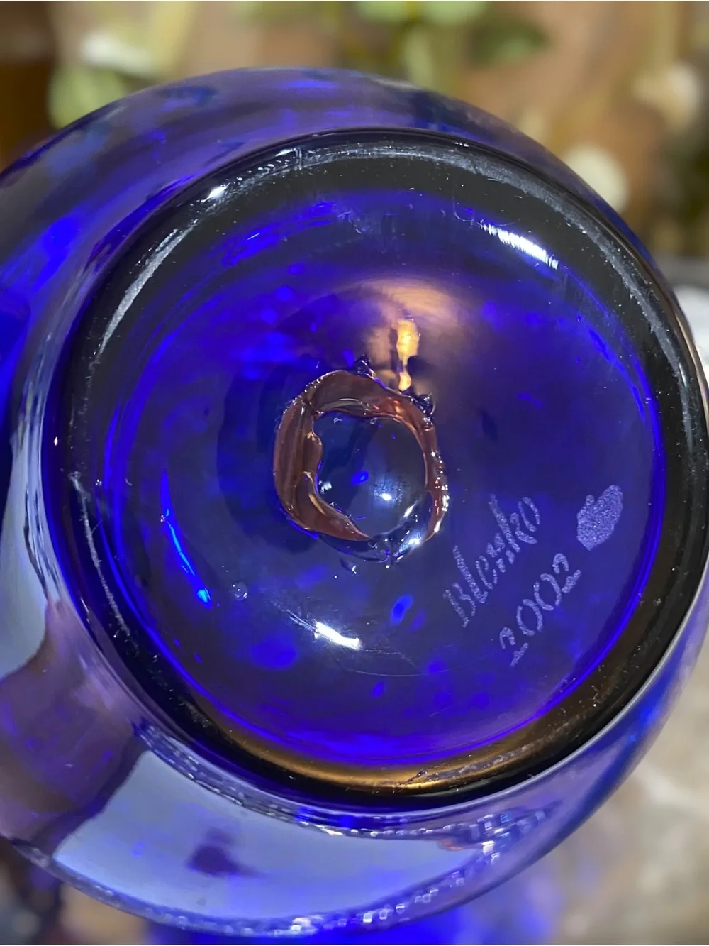 Vintage Signed Blenko Cobalt Blue Pitcher Art Glass Hand Blown Water Iced Tea